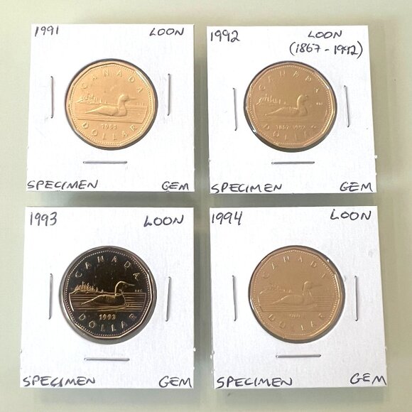 1991, 1992, 1993 and 1994 Canada Specimen Finish $1 Loonies! - Picture 1 of 10